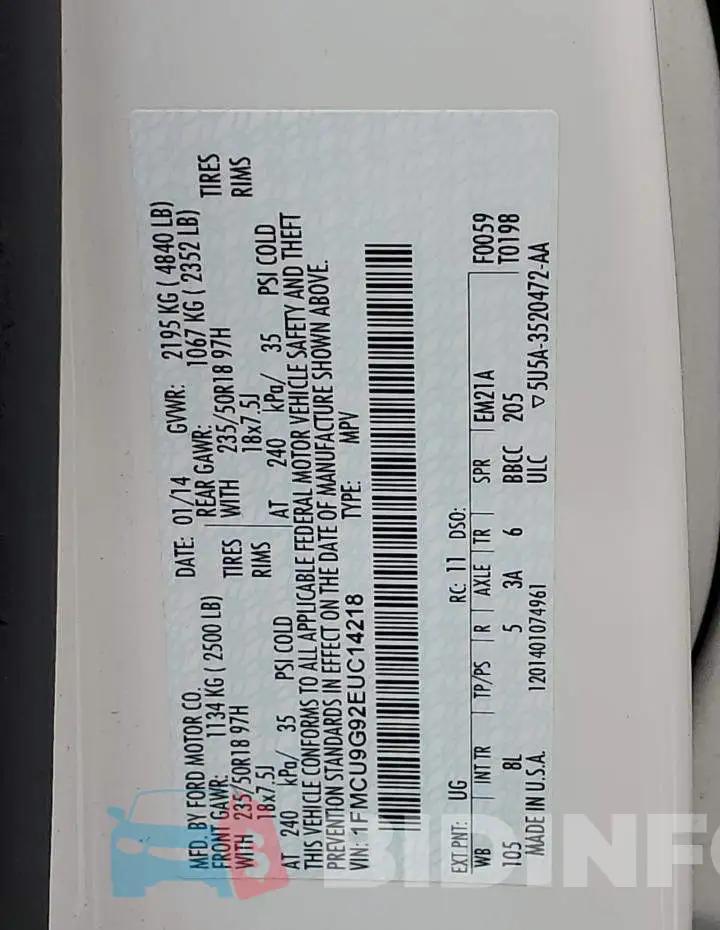 1FMCU9G92EUC14218 Photo# 13