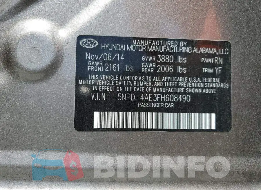 5NPDH4AE3FH608490 Photo# 12