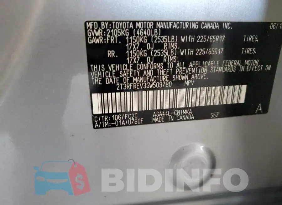 2T3RFREV3GW509780 Photo# 13