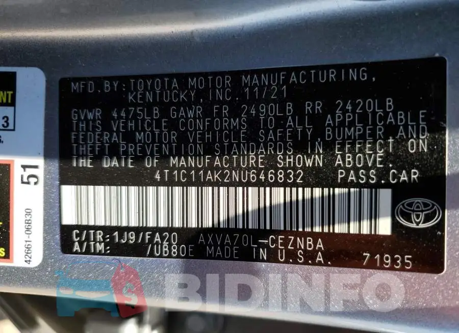 4T1C11AK2NU646832 Photo# 12
