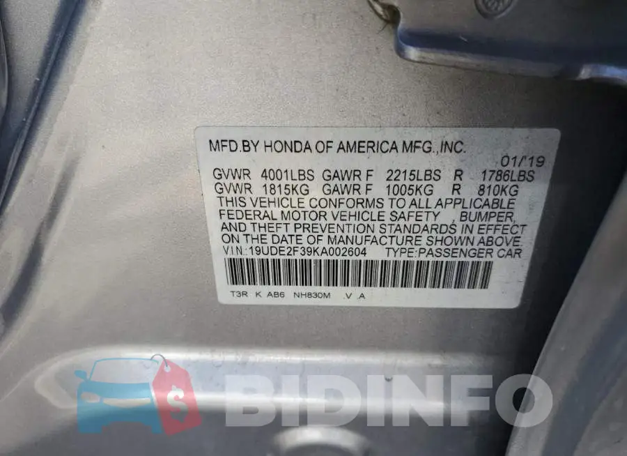 19UDE2F39KA002604 Photo# 12