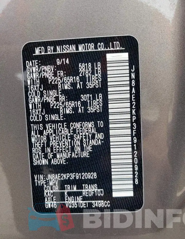 JN8AE2KP3F9120928 Photo# 13