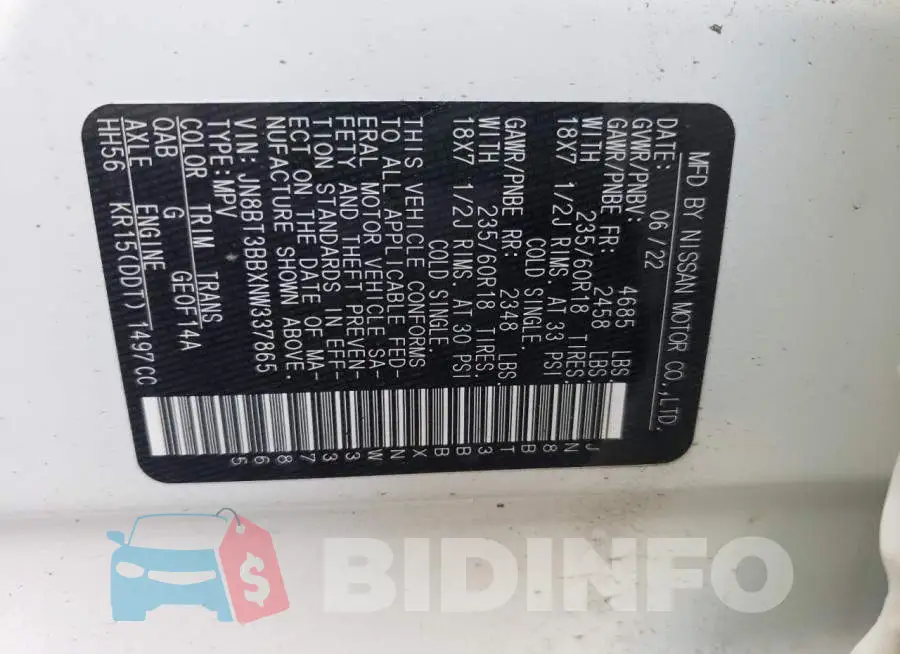 JN8BT3BBXNW337865 Photo# 13