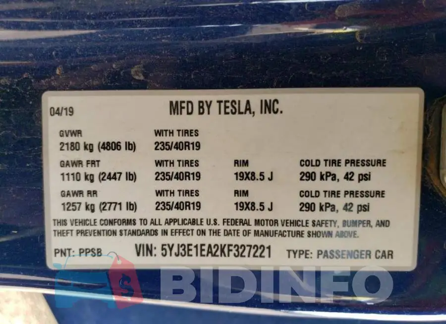 5YJ3E1EA2KF327221 Photo# 12