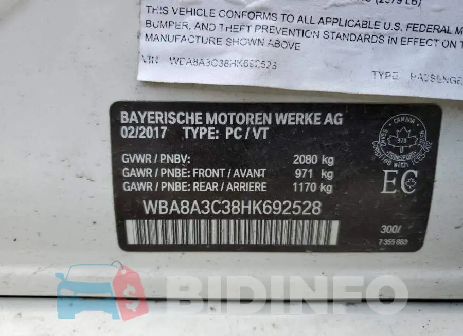 WBA8A3C38HK692528 Photo# 13