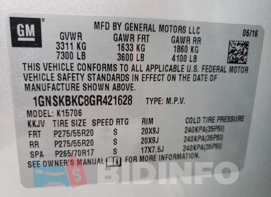1GNSKBKC8GR421628 Photo# 13