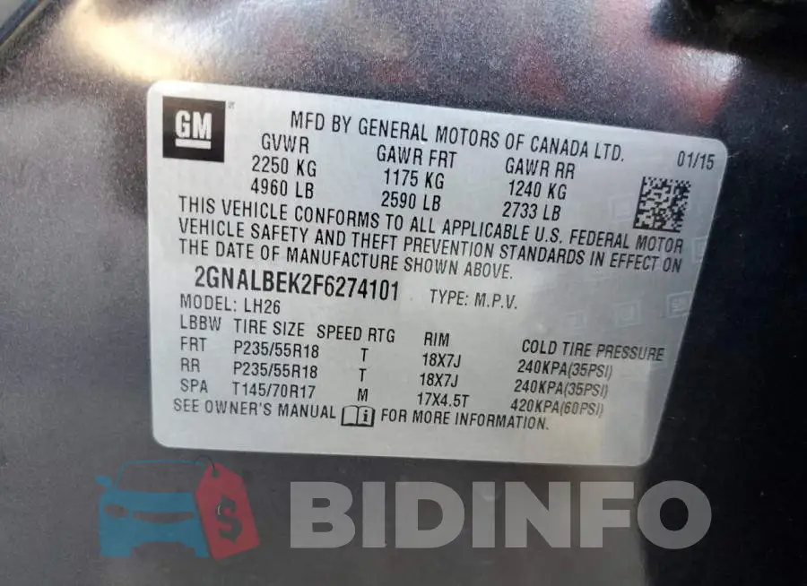 2GNALBEK2F6274101 Photo# 14