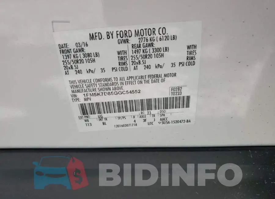 1FM5K7D85GGC54552 Photo# 13