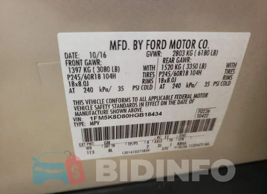 1FM5K8D80HGB18434 Photo# 12