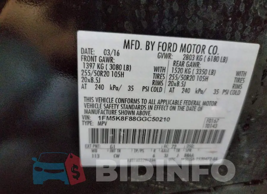 1FM5K8F88GGC50210 Photo# 13
