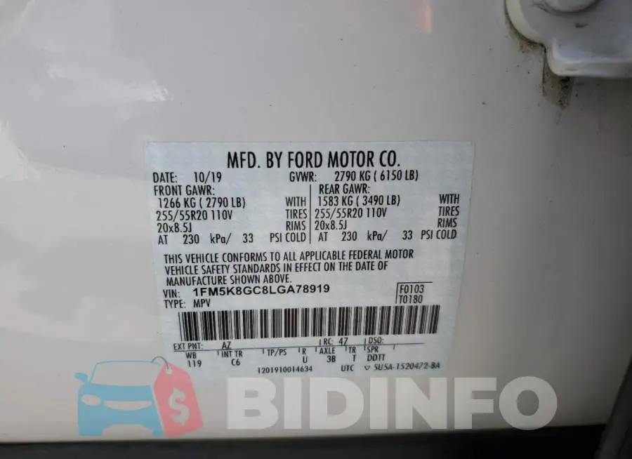1FM5K8GC8LGA78919 Photo# 12