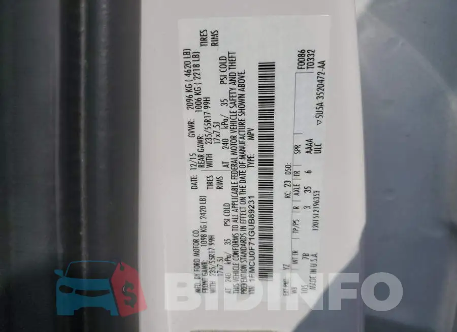 1FMCU0F71GUB89231 Photo# 13