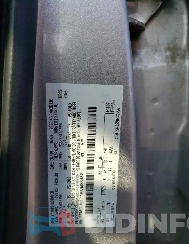 1FMCU0F71KUB85432 Photo# 12