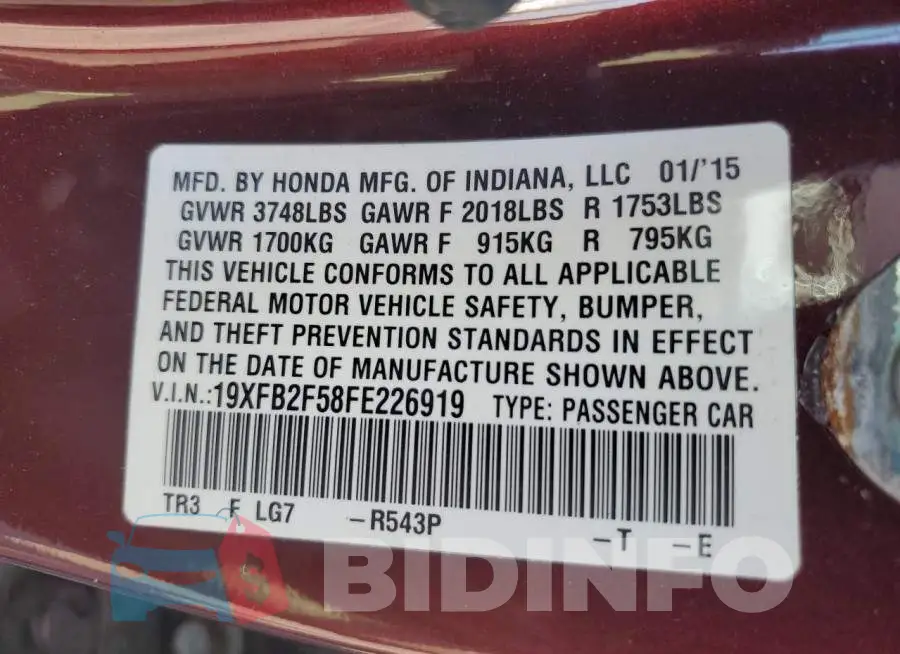 19XFB2F58FE226919 Photo# 12