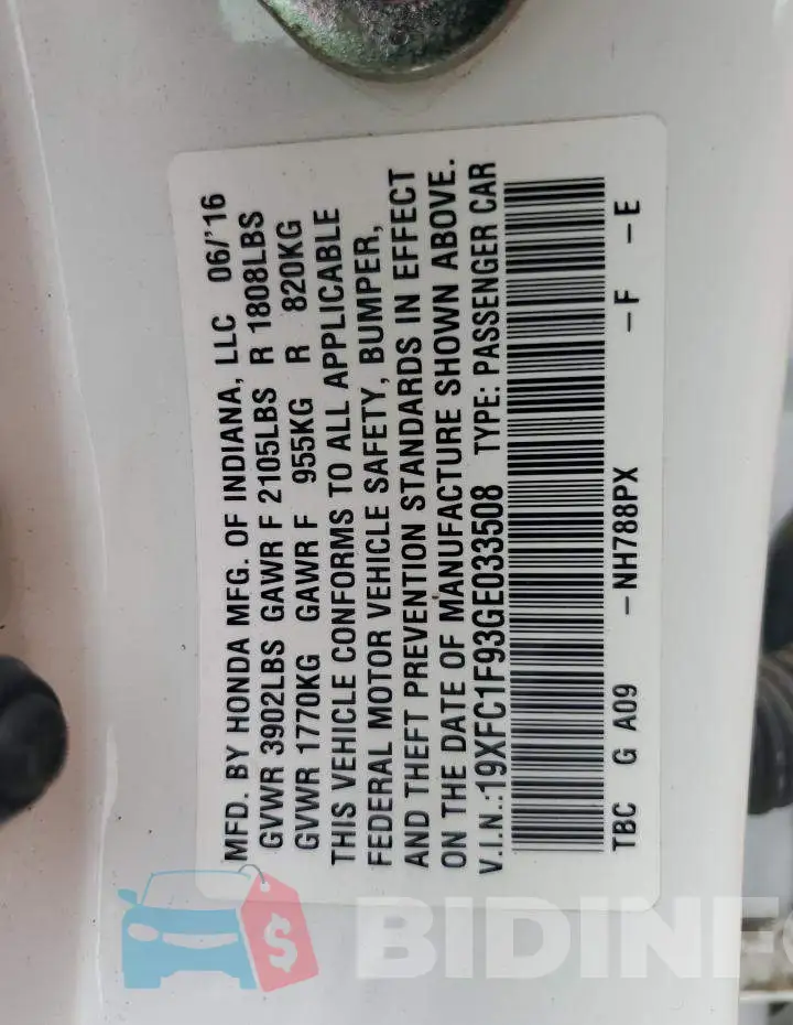 19XFC1F93GE033508 Photo# 12