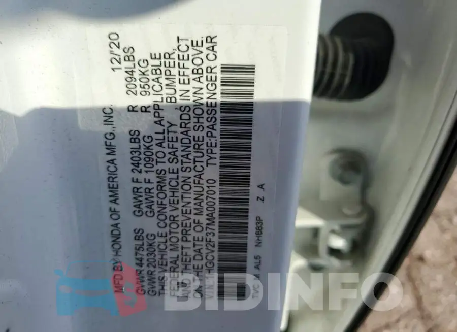 1HGCV2F37MA007010 Photo# 12