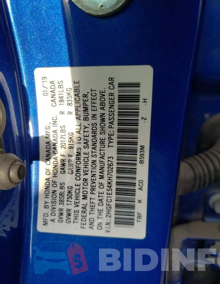 2HGFC1E54KH702673 Photo# 13