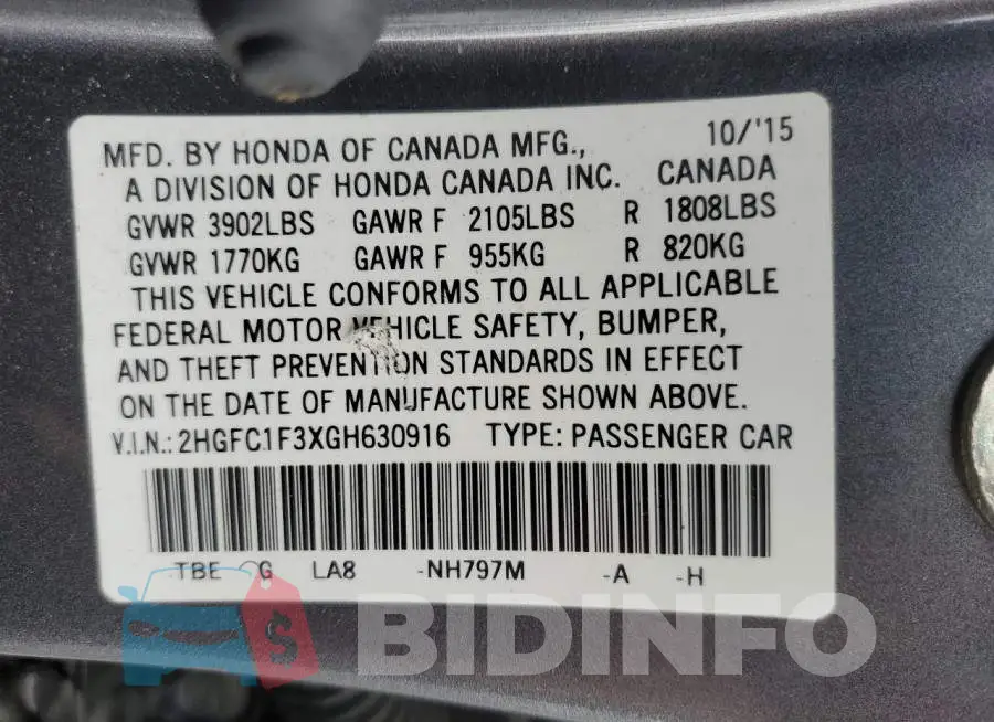 2HGFC1F3XGH630916 Photo# 13