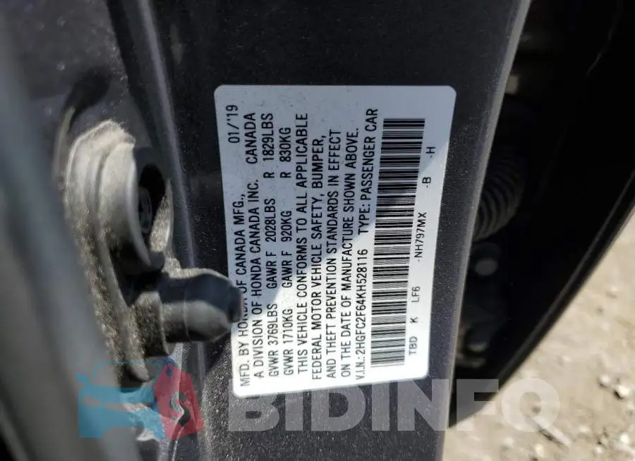 2HGFC2F64KH528116 Photo# 12
