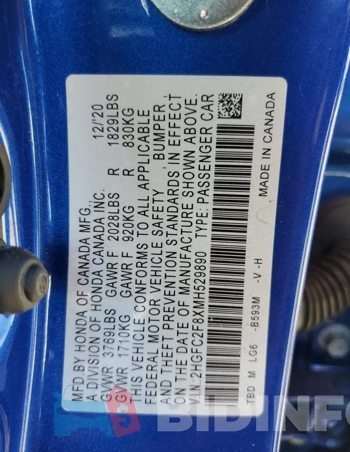 2HGFC2F8XMH529890 Photo# 12