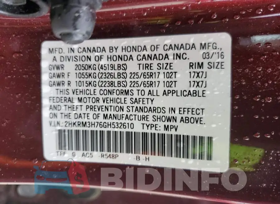 2HKRM3H76GH532610 Photo# 14
