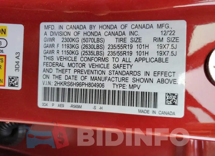 2HKRS6H96PH804906 Photo# 14