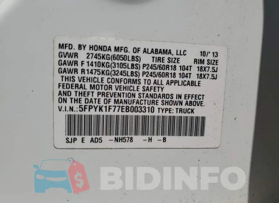 5FPYK1F77EB003310 Photo# 12