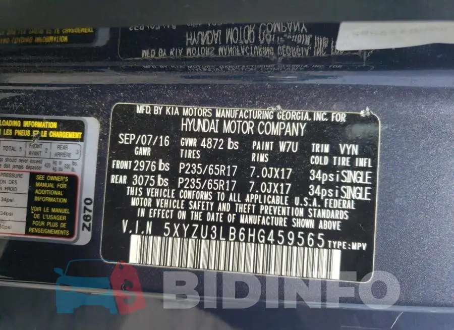 5XYZU3LB6HG459565 Photo# 14