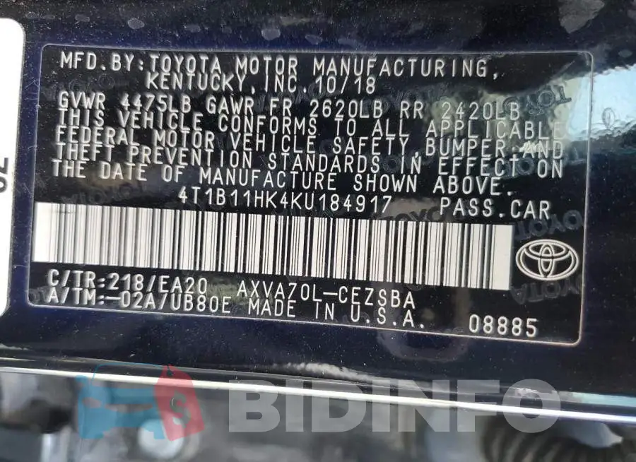 4T1B11HK4KU184917 Photo# 13