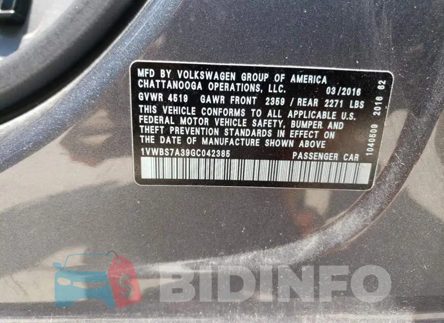 1VWBS7A39GC042385 Photo# 12