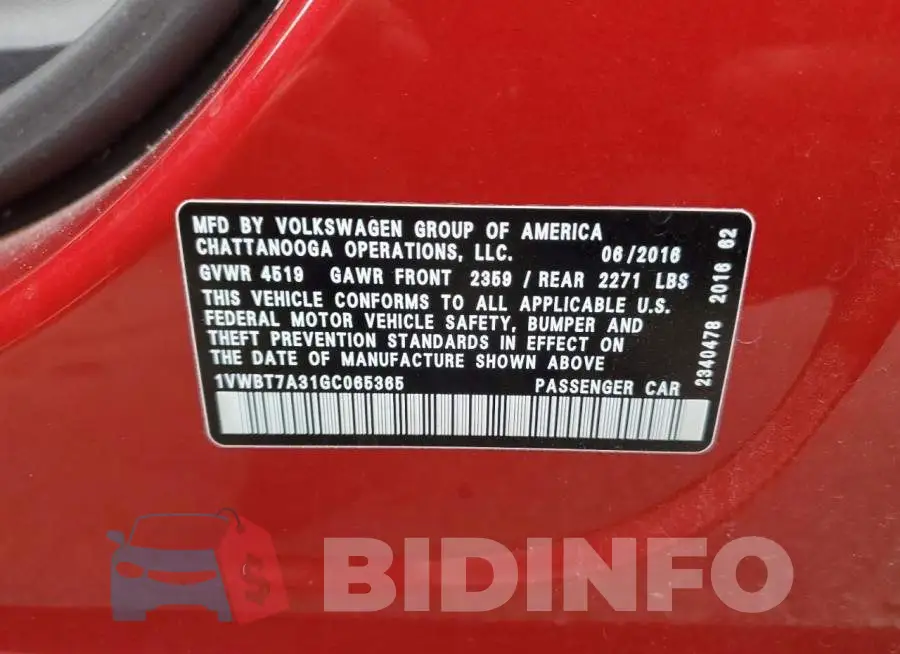 1VWBT7A31GC065365 Photo# 12