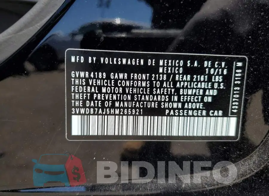 3VWDB7AJ5HM265921 Photo# 13
