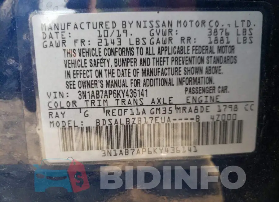 3N1AB7AP6KY436141 Photo# 10