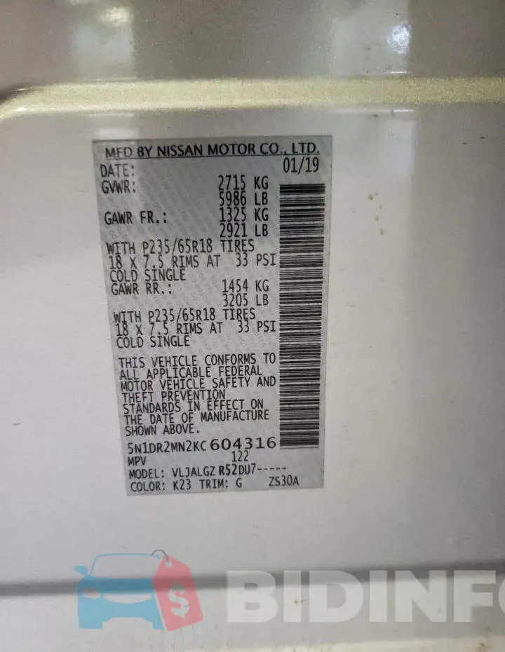 5N1DR2MN2KC604316 Photo# 13