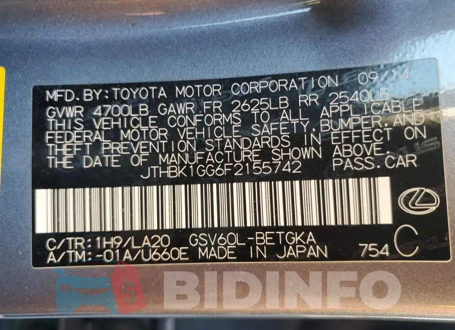 JTHBK1GG6F2155742 Photo# 12