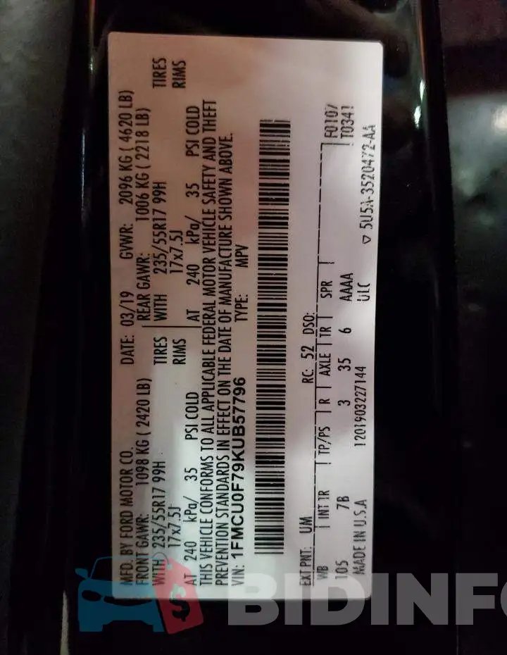 1FMCU0F79KUB57796 Photo# 13