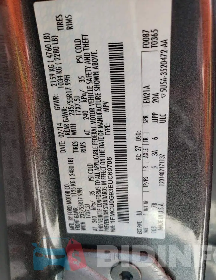 1FMCU0G93EUC69708 Photo# 14