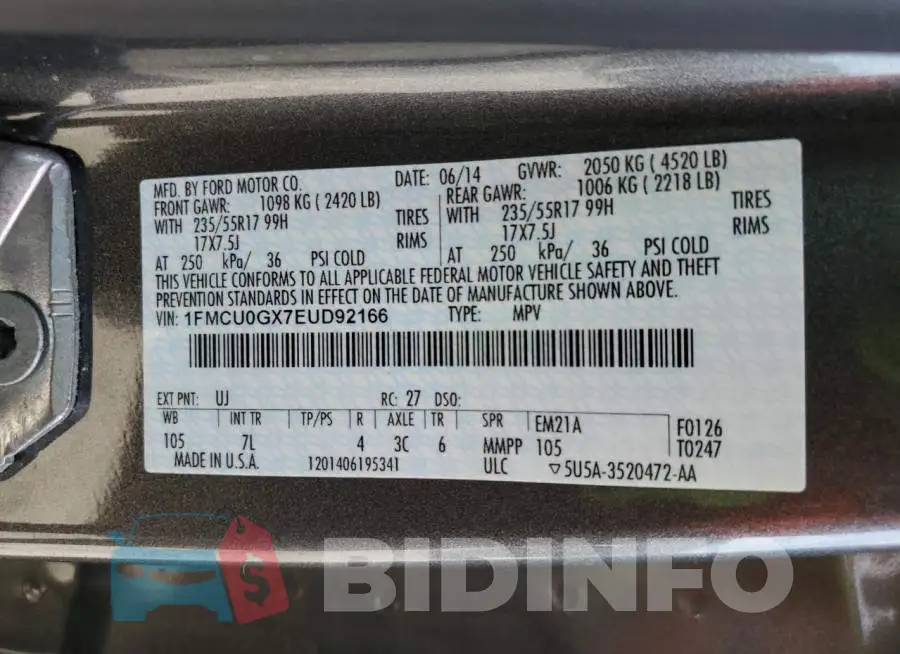 1FMCU0GX7EUD92166 Photo# 14