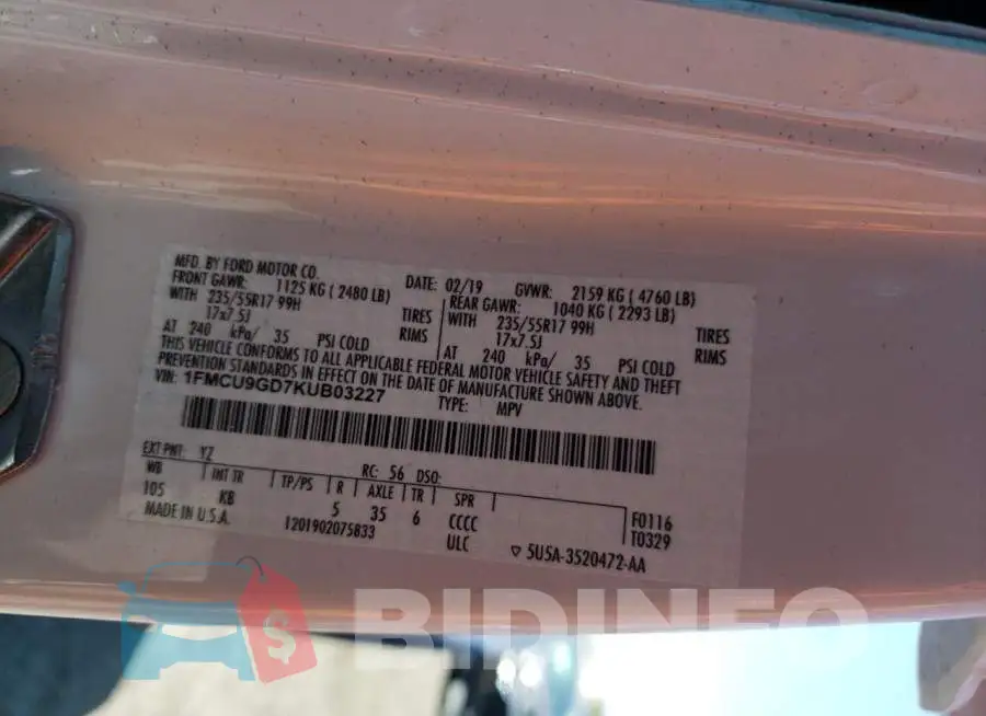 1FMCU9GD7KUB03227 Photo# 14