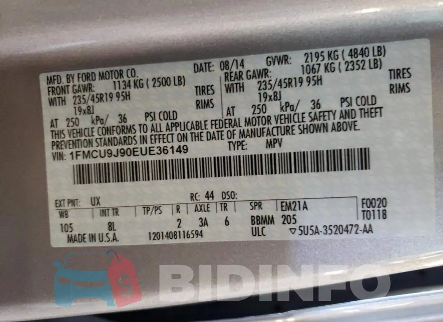 1FMCU9J90EUE36149 Photo# 12