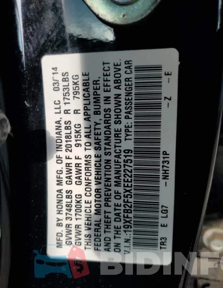 19XFB2F5XEE227519 Photo# 12