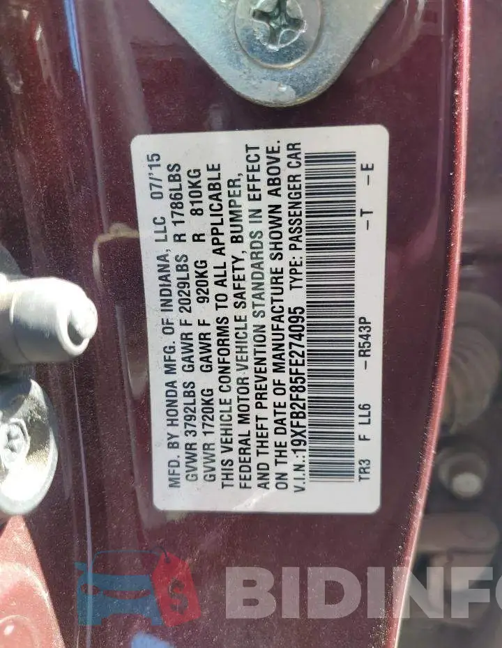 19XFB2F85FE274095 Photo# 12