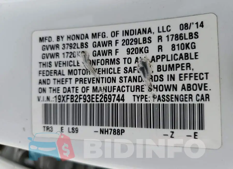 19XFB2F93EE269744 Photo# 13