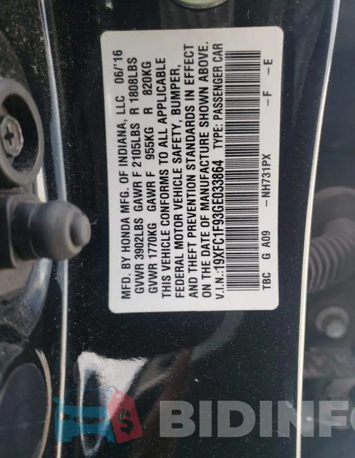 19XFC1F93GE033864 Photo# 12