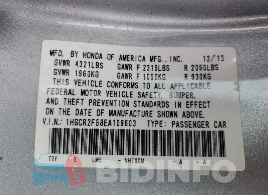1HGCR2F58EA109603 Photo# 13