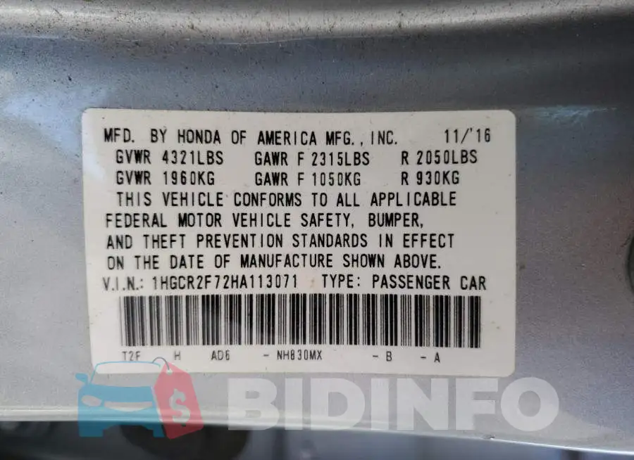 1HGCR2F72HA113071 Photo# 12