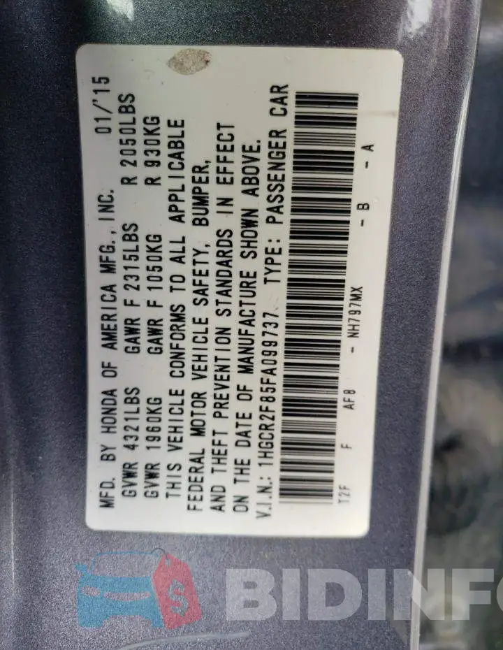 1HGCR2F85FA099737 Photo# 12