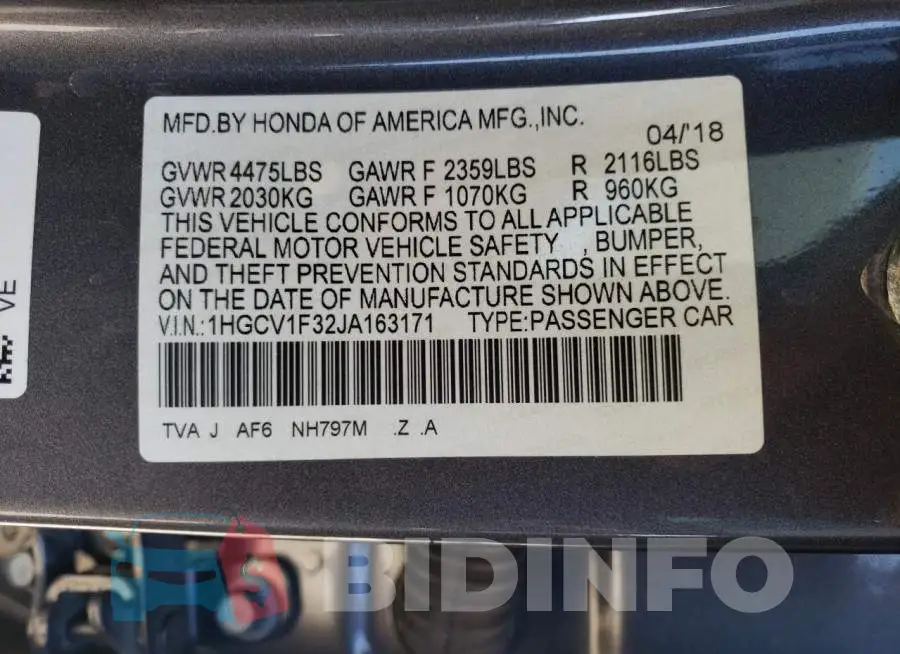 1HGCV1F32JA163171 Photo# 12