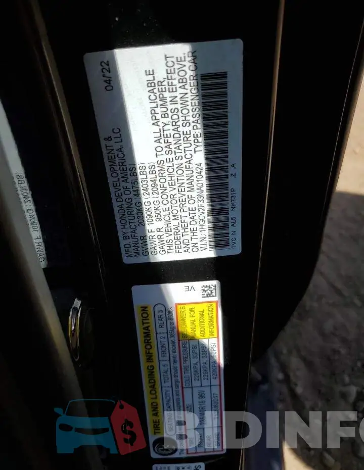 1HGCV2F33NA010424 Photo# 12