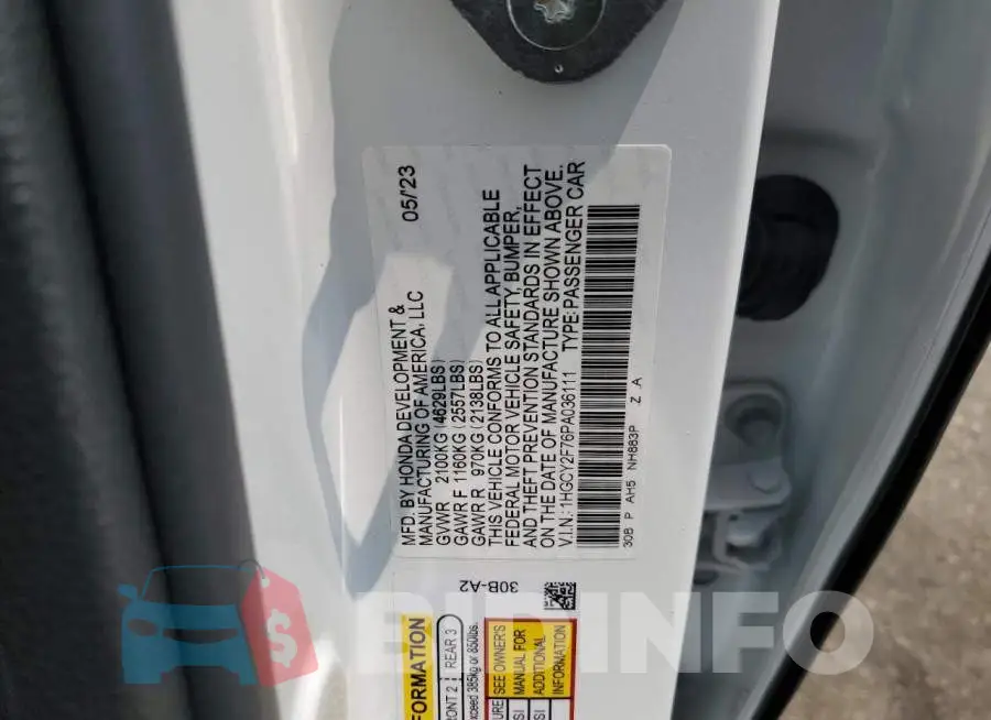 1HGCY2F76PA036111 Photo# 12